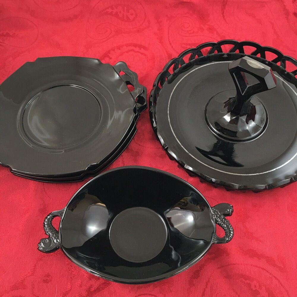 lot of Black Amethyst Glass dishes - plates, bowl & handled bon bon dish